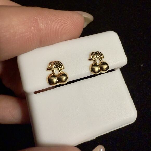 14K Solid Yellow Gold Cherry Stud Rubber Back Earrings~NEW - Picture 3 of 5